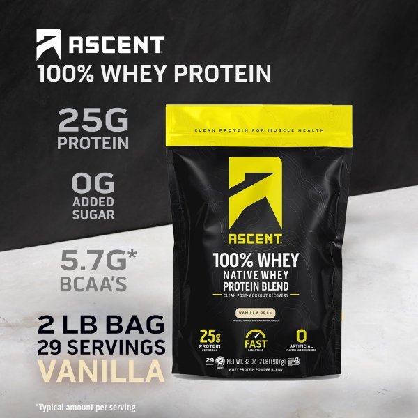 Ascent 100% Whey Protein Powder - Post Workout Whey Protein Isolate, Zero Artificial Flavors & Sweeteners, Soy & Gluten Free, 5.5g BCAA, 2.6g Leucine, Essential Amino Acids, Vanilla Bean 2 lb - Image 9