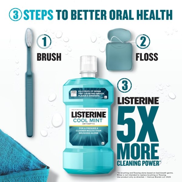 Listerine Cool Mint Antiseptic Mouthwash to Kill 99% of Germs That Cause Bad Breath, Plaque and Gingivitis, Cool Mint Flavor, 1 L 2-Pack - Image 6