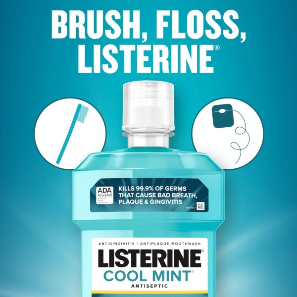 Listerine Cool Mint Antiseptic Mouthwash to Kill 99% of Germs That Cause Bad Breath, Plaque and Gingivitis, Cool Mint Flavor, 1 L 2-Pack - Image 3