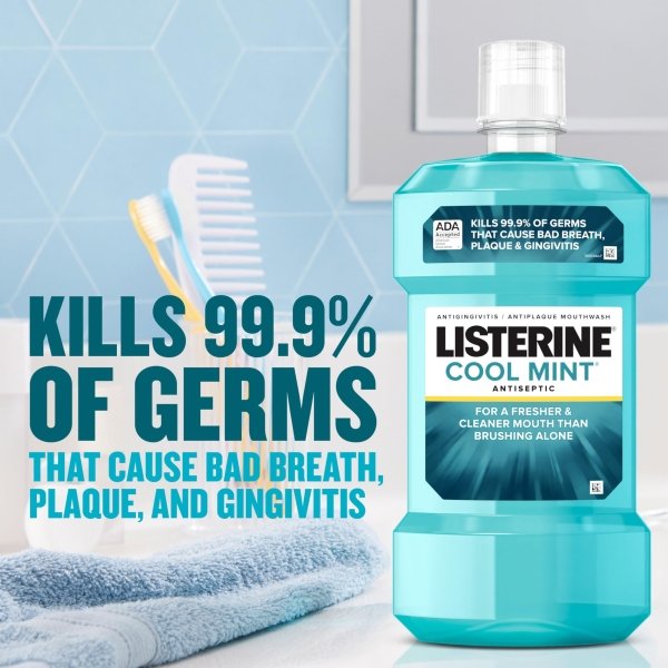 Listerine Cool Mint Antiseptic Mouthwash to Kill 99% of Germs That Cause Bad Breath, Plaque and Gingivitis, Cool Mint Flavor, 1 L 2-Pack - Image 7