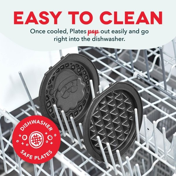 DASH Holiday Multimaker Mini System - Waffle Maker with Six 4” Removable Holiday Plates: Waffle Iron & Griddle, 4-in-1 Mini Waffle Maker for Kids and Families – Nonstick Surface, Santa Waffle (Red) - Image 3