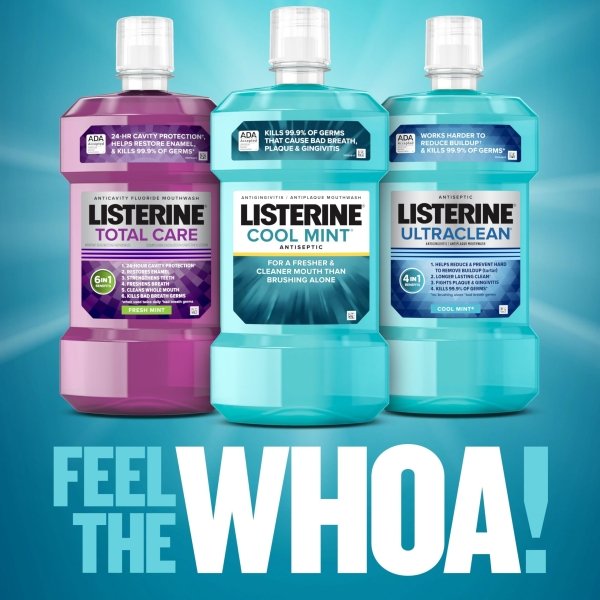 Listerine Cool Mint Antiseptic Mouthwash to Kill 99% of Germs That Cause Bad Breath, Plaque and Gingivitis, Cool Mint Flavor, 1 L 2-Pack - Image 4