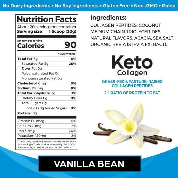 Orgain Keto Collagen Protein Powder, Vanilla - 10g Grass Fed Hydrolyzed Collagen Peptides for Women & Men, Type I & III, 5g MCT Oil - Hair, Skin, Nail, & Joint Support, Non-GMO, Gluten Free - 0.88lb - Image 6