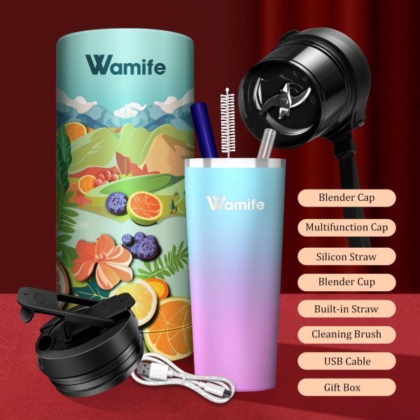 Wamife Portable Blender 16oz personal blender-Portable Blender for Shakes and Smoothies,USB-C Rechargeable,Durable Stainless Steel Blades for Powerful Blending Performance,for office gym-Cotton Candy - Image 2