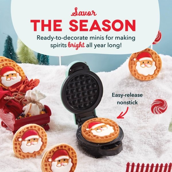 DASH Holiday Multimaker Mini System - Waffle Maker with Six 4” Removable Holiday Plates: Waffle Iron & Griddle, 4-in-1 Mini Waffle Maker for Kids and Families – Nonstick Surface, Santa Waffle (Red) - Image 4
