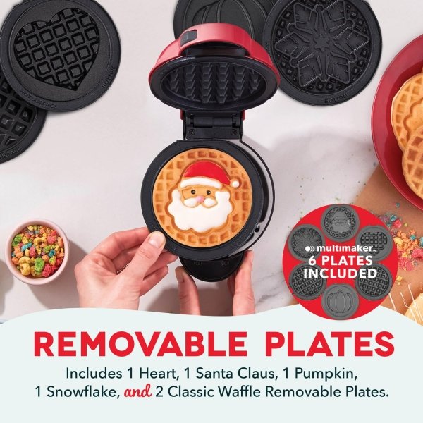 DASH Holiday Multimaker Mini System - Waffle Maker with Six 4” Removable Holiday Plates: Waffle Iron & Griddle, 4-in-1 Mini Waffle Maker for Kids and Families – Nonstick Surface, Santa Waffle (Red) - Image 6