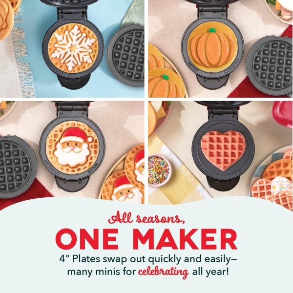 DASH Holiday Multimaker Mini System - Waffle Maker with Six 4” Removable Holiday Plates: Waffle Iron & Griddle, 4-in-1 Mini Waffle Maker for Kids and Families – Nonstick Surface, Santa Waffle (Red) - Image 5