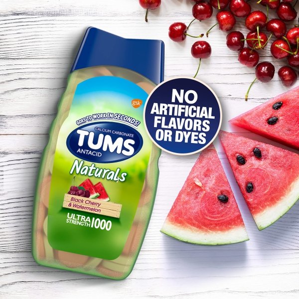 TUMS Naturals Ultra Strength Antacid Chews for Heartburn Relief, Black Cherry & Watermelon - 56 Count - Image 9