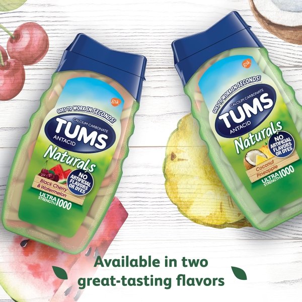 TUMS Naturals Ultra Strength Antacid Chews for Heartburn Relief, Black Cherry & Watermelon - 56 Count - Image 8