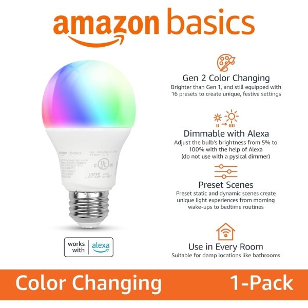 Amazon Basics Smart A19 LED Light Bulb, Color Changing, 9W (60W Equivalent), 800LM, Works with Alexa Only, 2.4 GHz Wi-Fi, No Hub Required, 1 Pack - Image 7