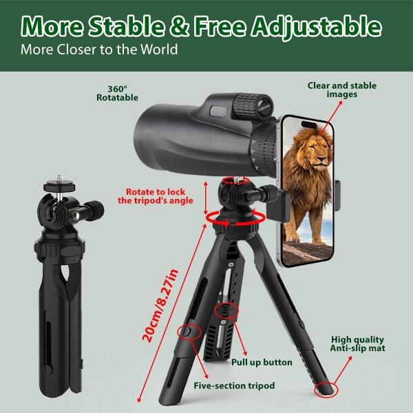 Monocular Telescope 80 x 100 High Powered Monoculars for Adults with Tripod, Monocular for Smartphone Suitable for Bird Watching Larger Vision Monoculars for Adults with BAK4 Prism & FMC Lens - Image 2