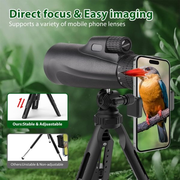 Monocular Telescope 80 x 100 High Powered Monoculars for Adults with Tripod, Monocular for Smartphone Suitable for Bird Watching Larger Vision Monoculars for Adults with BAK4 Prism & FMC Lens - Image 4
