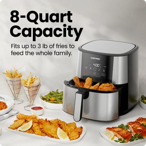 Chefman TurboFry® Touch Air Fryer, XL 8-Qt Family Size, One-Touch Digital Control Presets, French Fries, Chicken, Meat, Fish, Nonstick Dishwasher-Safe Parts, Automatic Shutoff, Stainless Steel - Image 6